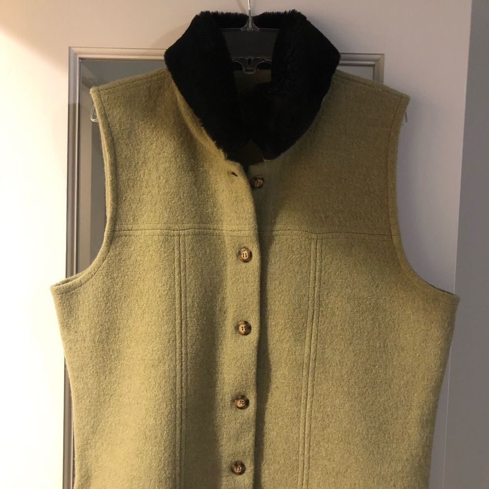 Light green merino wool vest with removable faux fur collar.
